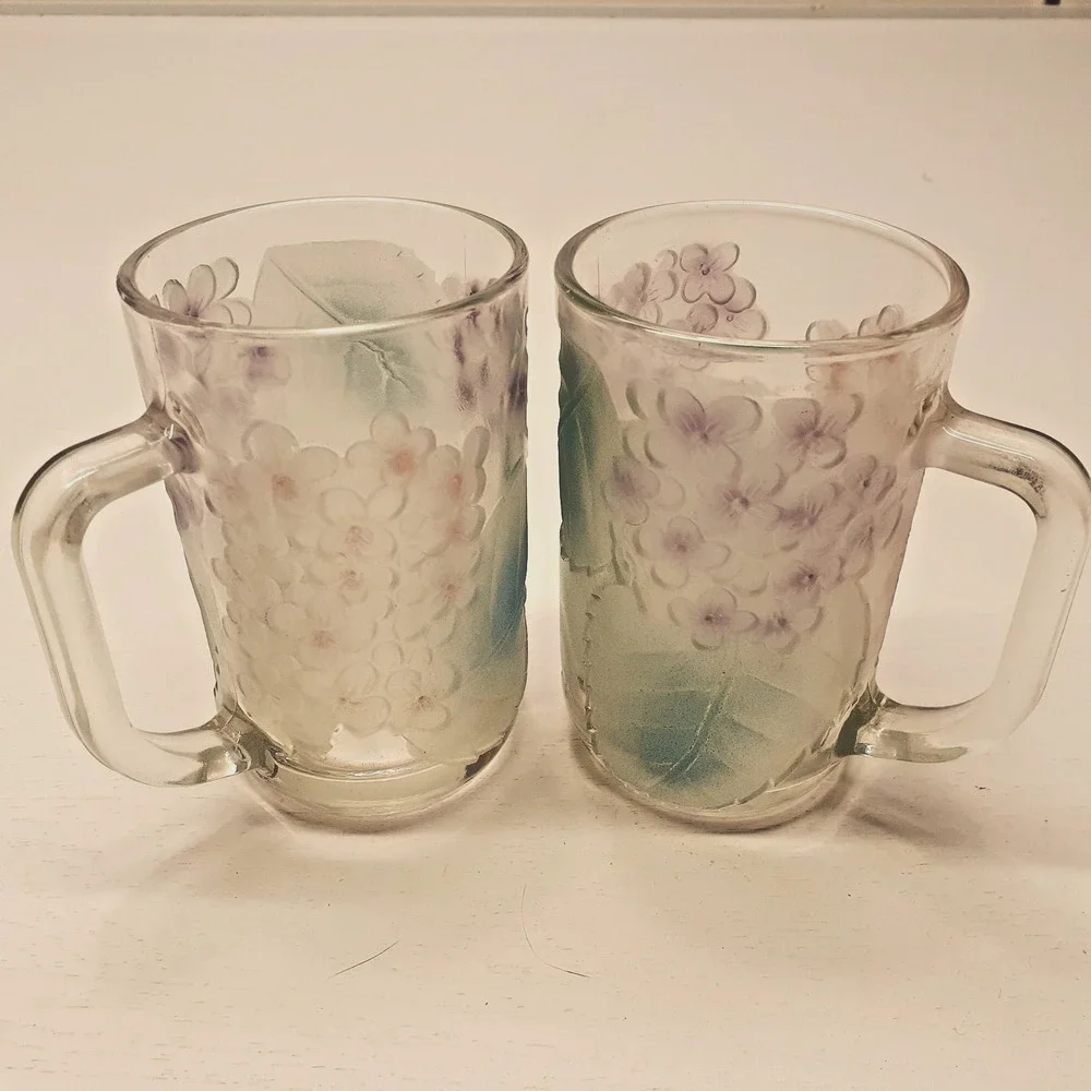 Avon Frosted Glass Floral Coffee Mugs Set Of 2 Purple Flowers Green Leaves